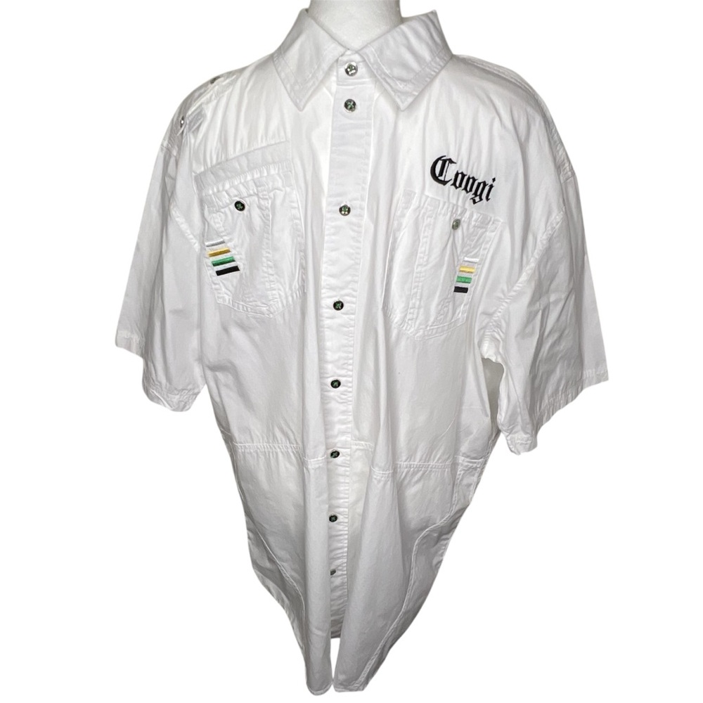 Coogi Australia Designer White Short Sleeve Button Up Shirt Embellished Sz XXL